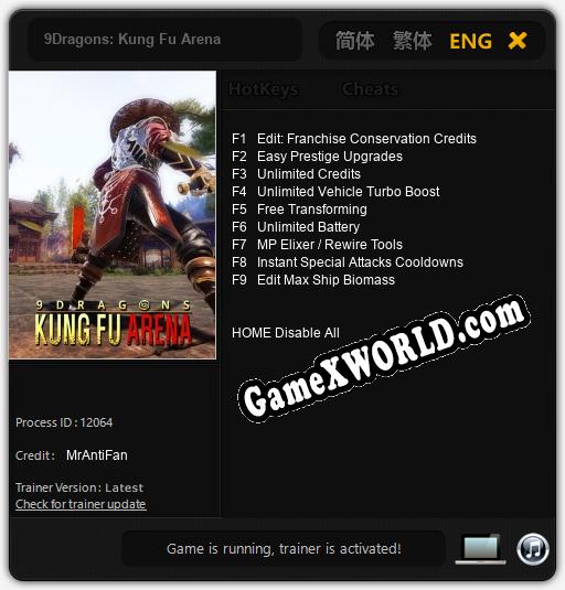 Трейнер для 9Dragons: Kung Fu Arena [v1.0.1]