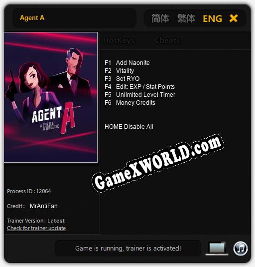 Agent A: Читы, Трейнер +6 [MrAntiFan]