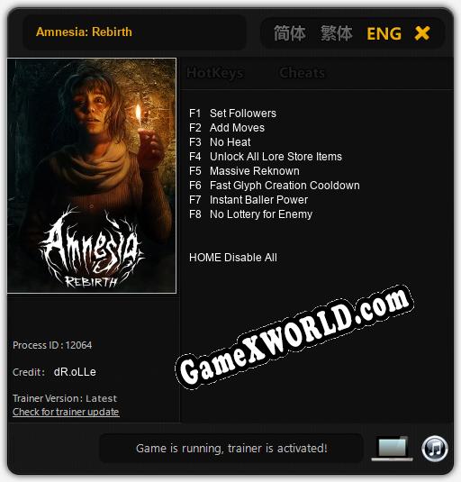 Трейнер для Amnesia: Rebirth [v1.0.7]