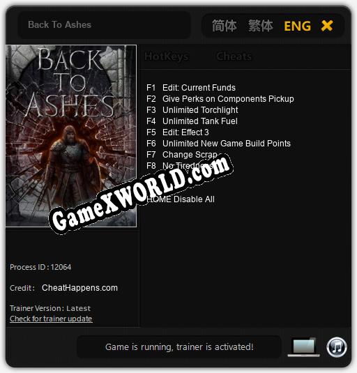 Трейнер для Back To Ashes [v1.0.7]