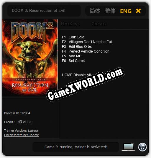 Трейнер для DOOM 3: Resurrection of Evil [v1.0.9]