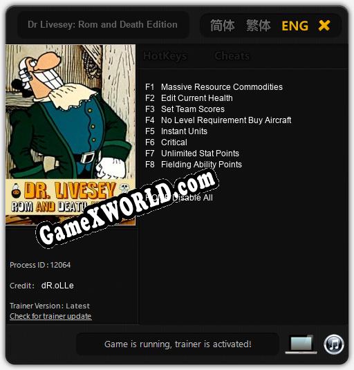 Dr Livesey: Rom and Death Edition: ТРЕЙНЕР И ЧИТЫ (V1.0.10)