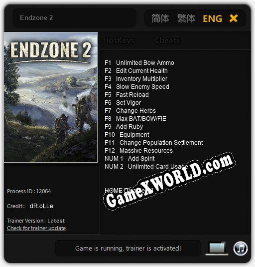 Трейнер для Endzone 2 [v1.0.3]