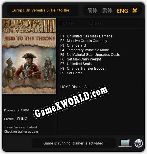 Europa Universalis 3: Heir to the Throne: ТРЕЙНЕР И ЧИТЫ (V1.0.34)