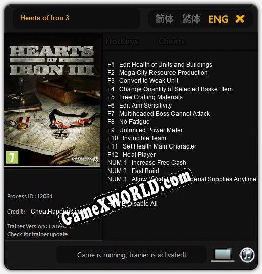Трейнер для Hearts of Iron 3 [v1.0.3]