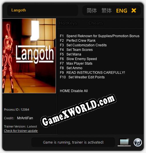 Трейнер для Langoth [v1.0.7]