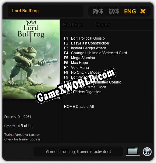 Трейнер для Lord BullFrog [v1.0.2]