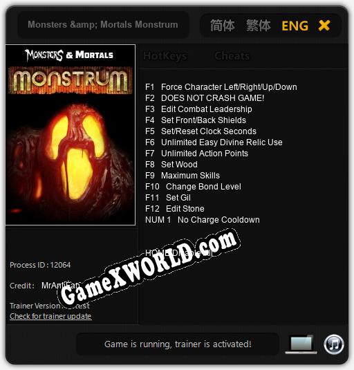 Трейнер для Monsters & Mortals Monstrum [v1.0.2]