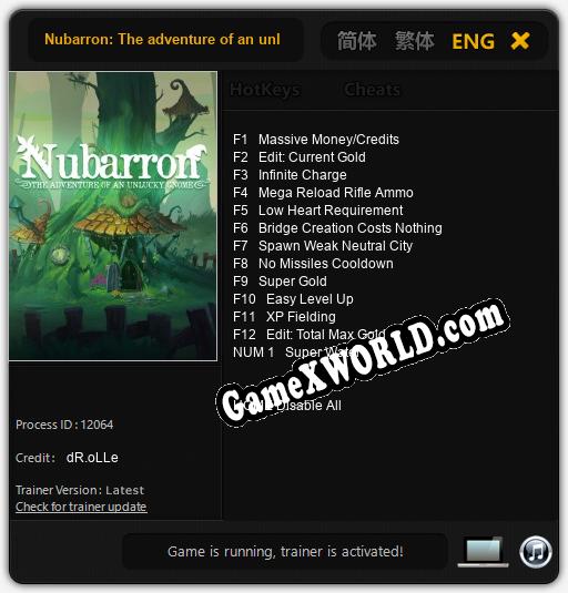 Трейнер для Nubarron: The adventure of an unlucky gnome [v1.0.3]