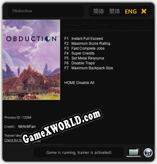 Трейнер для Obduction [v1.0.9]