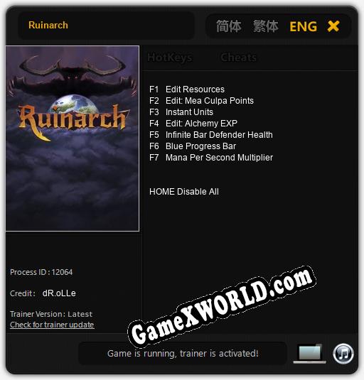 Трейнер для Ruinarch [v1.0.6]
