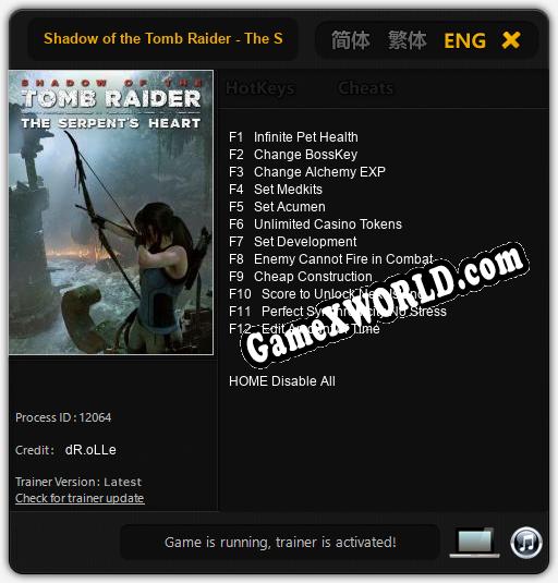 Shadow of the Tomb Raider - The Serpents Heart: ТРЕЙНЕР И ЧИТЫ (V1.0.98)