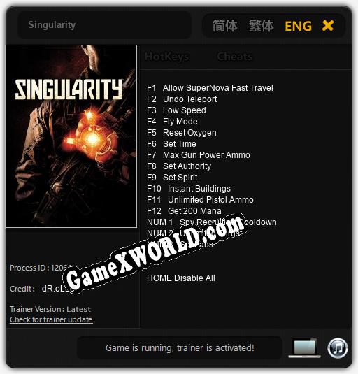 Трейнер для Singularity [v1.0.8]