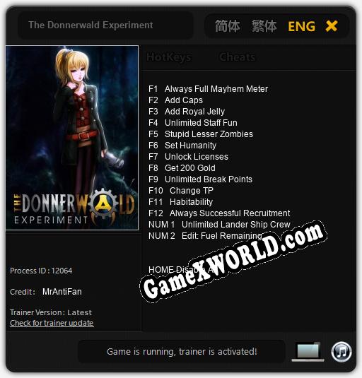The Donnerwald Experiment: Трейнер +14 [v1.4]
