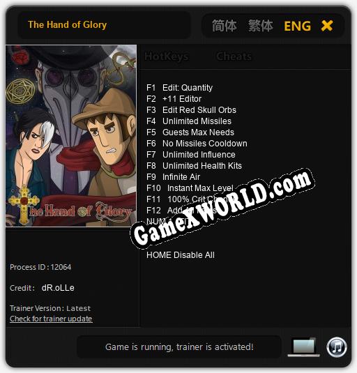 Трейнер для The Hand of Glory [v1.0.8]
