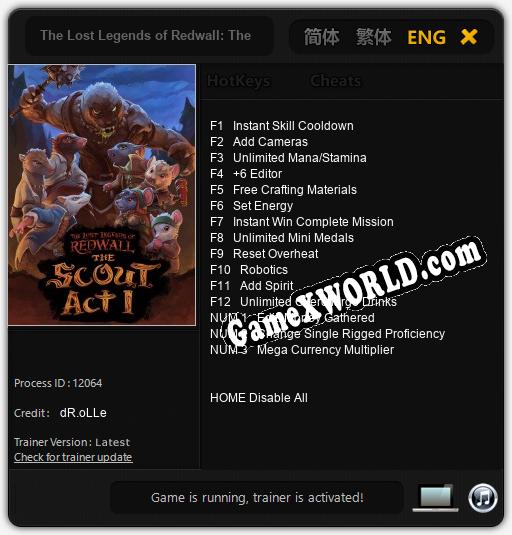 Трейнер для The Lost Legends of Redwall: The Scout [v1.0.4]