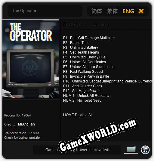 Трейнер для The Operator [v1.0.9]