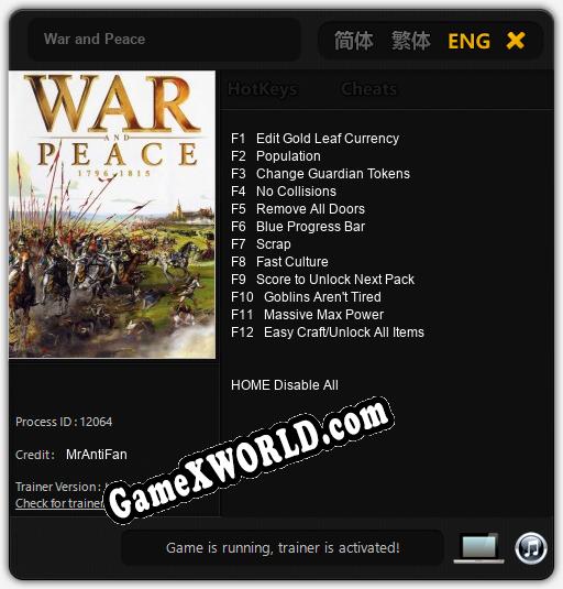 Трейнер для War and Peace [v1.0.9]